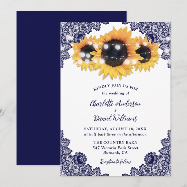 Rustic Chic Navy Blue Lace Sunflower Wedding Invitation (Front/Back)