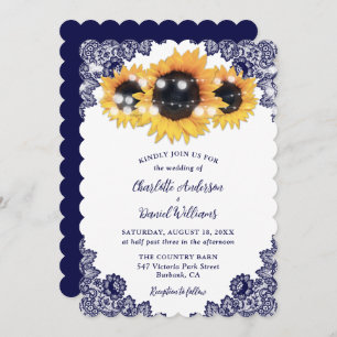 Rustic Chic Navy Blue Lace Sunflower Wedding Invitation