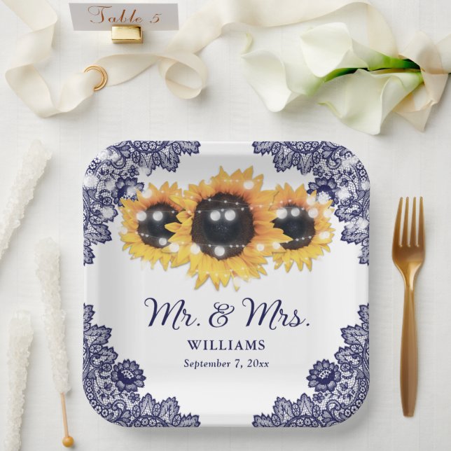 Rustic Chic Navy Blue Lace Sunflower Wedding Paper Plate (Wedding)
