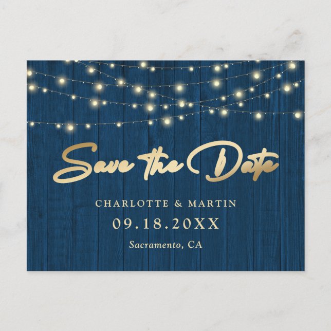 Rustic Chic Navy Blue Wood Wedding Save The Date Announcement Postcard (Front)