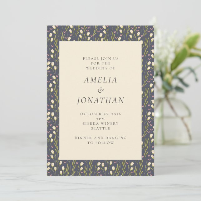 Rustic Chic Navy Garden Floral Stylish Wedding Invitation (Standing Front)