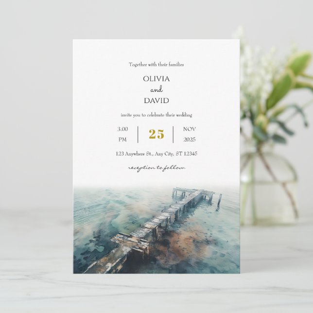 Rustic Chic Oceanic wooden pier Art Beach Wedding  Invitation (Standing Front)