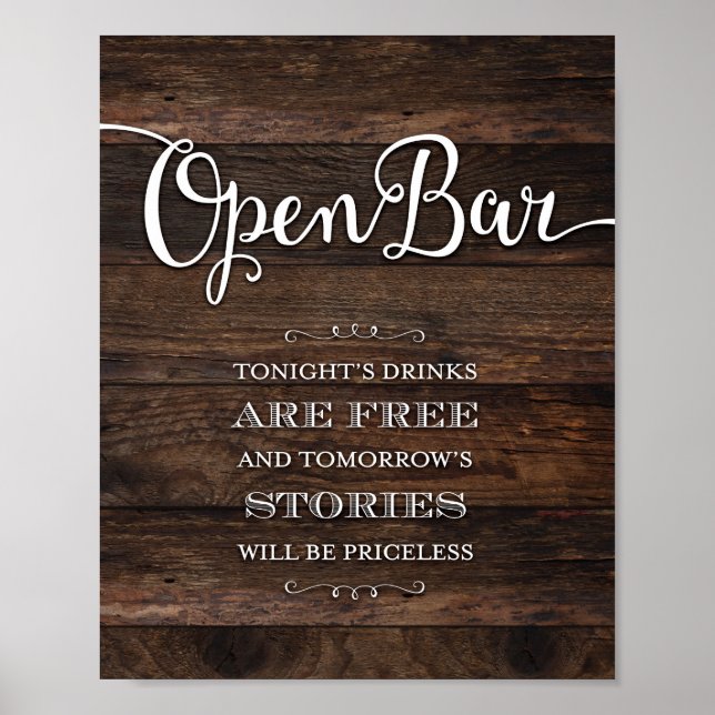 Rustic Chic OPEN BAR Party Sign Print (Front)