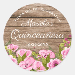 Rustic Chic Pink Floral Quinceañera Thank You Classic Round Sticker