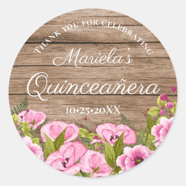 Rustic Chic Pink Floral Quinceañera Thank You Classic Round Sticker (Front)