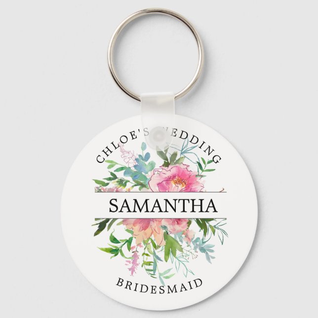 Rustic Chic Pink Peony Floral Personalised Key Ring (Front)