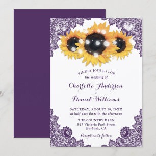 Rustic Chic Purple Lace Sunflower Wedding Invitation