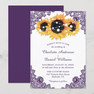 Rustic Chic Purple Lace Sunflower Wedding Invitation