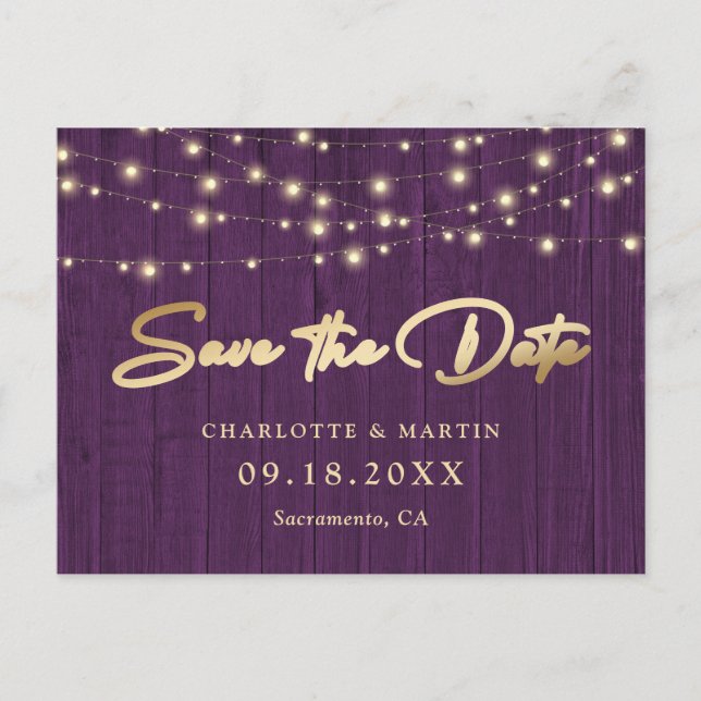 Rustic Chic Purple Wood Wedding Save The Date Announcement Postcard (Front)