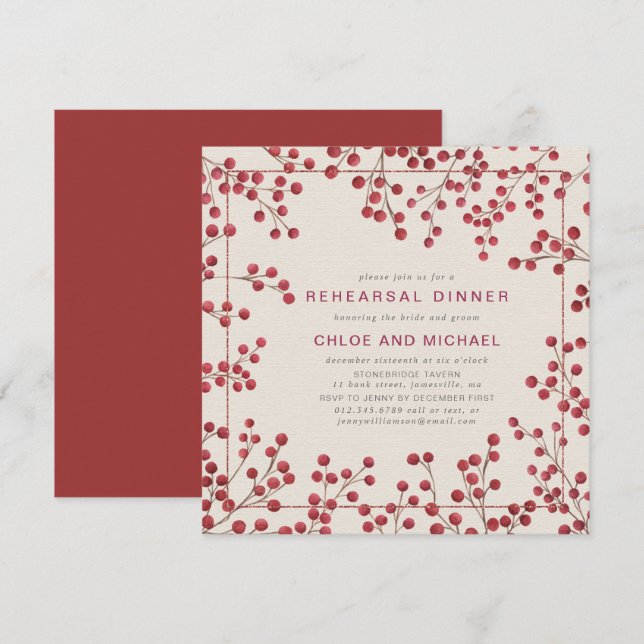 Rustic Chic Red Berry Winter Wedding Rehearsal Invitation (Front/Back)
