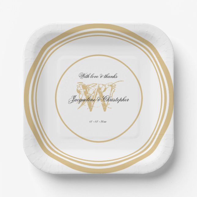 Rustic Chic Romantic White Gold Wedding Monogram Paper Plate (Front)