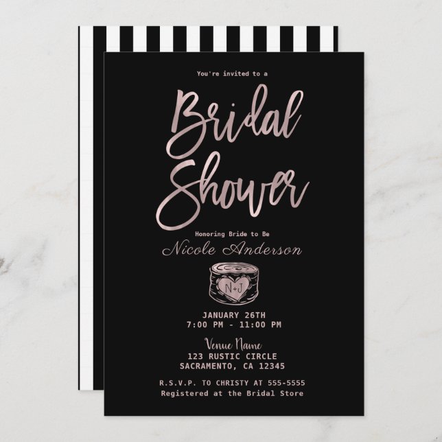 Rustic Chic Rose Gold Pink Stripes Bridal Shower   Invitation (Front/Back)