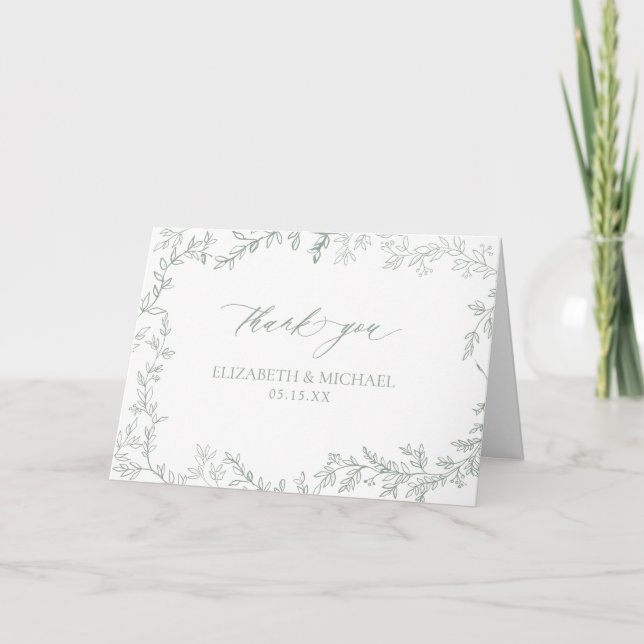 Rustic Chic Sage Green Leafy Frame Photo Thank You Card (Front)