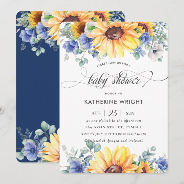 Rustic Chic Sunflower Blue Floral Baby Shower  Invitation (Front/Back)