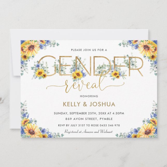 Rustic Chic Sunflower Blue Floral Gender Reveal Invitation (Front)