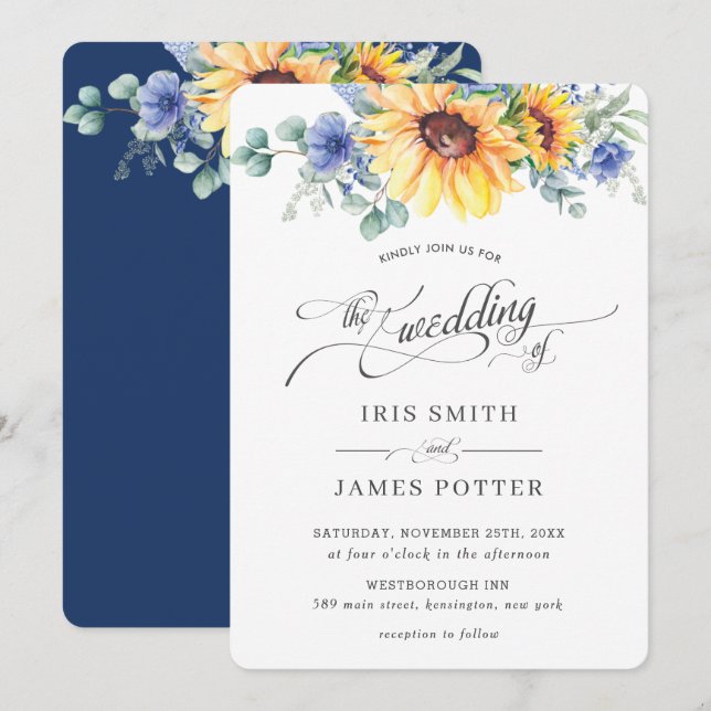 Rustic Chic Sunflower Blue Floral Wedding Invitation (Front/Back)