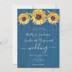 Rustic Chic Sunflower Navy Blue Wood Wedding Inv Invitation