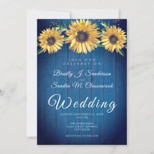 Rustic Chic Sunflower Navy Blue Wood Wedding   Invitation