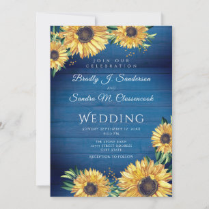 Rustic Chic Sunflower Navy Blue Wood Wedding Invitation