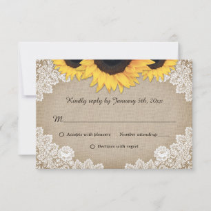 Rustic Chic Vintage Burlap Lace Sunflower Wedding RSVP Card