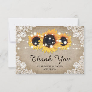Rustic Chic Vintage Burlap Lace Sunflower Wedding Thank You Card