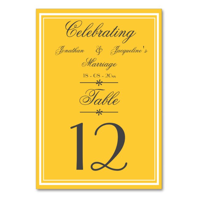 Rustic Chic Warm Yellow Fancy Script Wedding Table Number (Front)