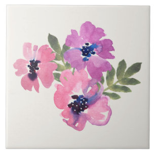 Rustic Chic Watercolor Floral Pink Cream Tile