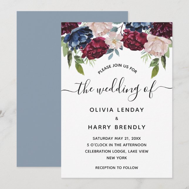 Rustic Chic Watercolor Floral Wedding Invitation (Front/Back)