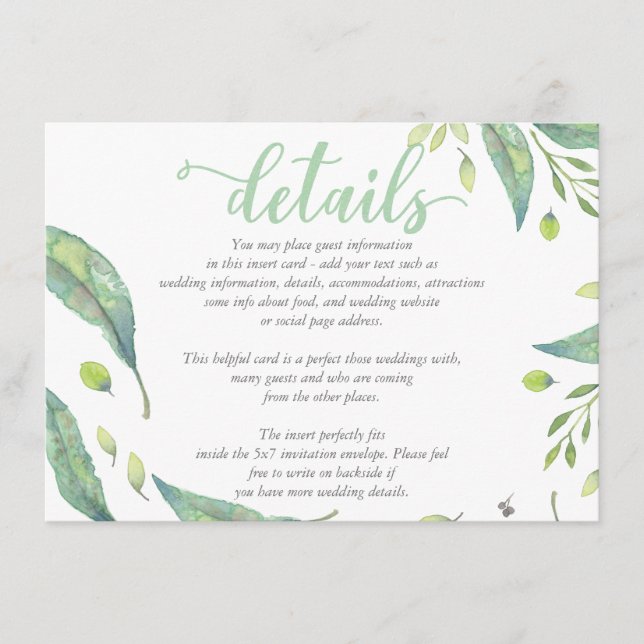 Rustic chic Watercolor FoliageWedding DETAILS Card (Front)
