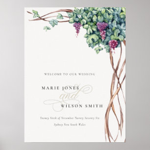 Rustic Chic Watercolor Grapevine Wedding Welcome Poster