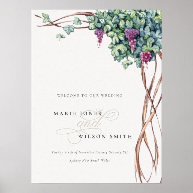 Rustic Chic Watercolor Grapevine Wedding Welcome Poster (Front)