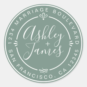 Rustic Chic Wedding Return Address Dusty Green Classic Round Sticker