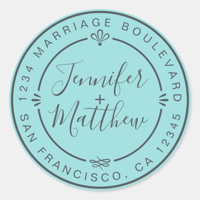 Rustic Chic Wedding Return Address Turquoise Classic Round Sticker (Front)