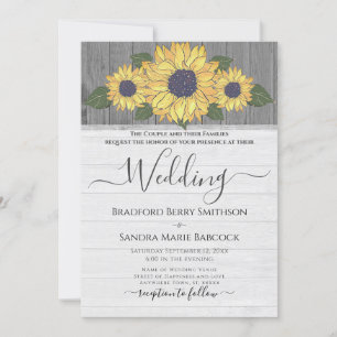 Rustic Chic Wedding Sunflower Yellow Grey Wood Invitation