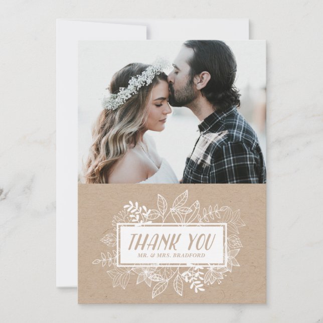 Rustic Chic White Flowers on Kraft Paper Thank You Card (Front)
