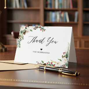 Rustic Chic Winter Floral Holly Berries Thank You Card