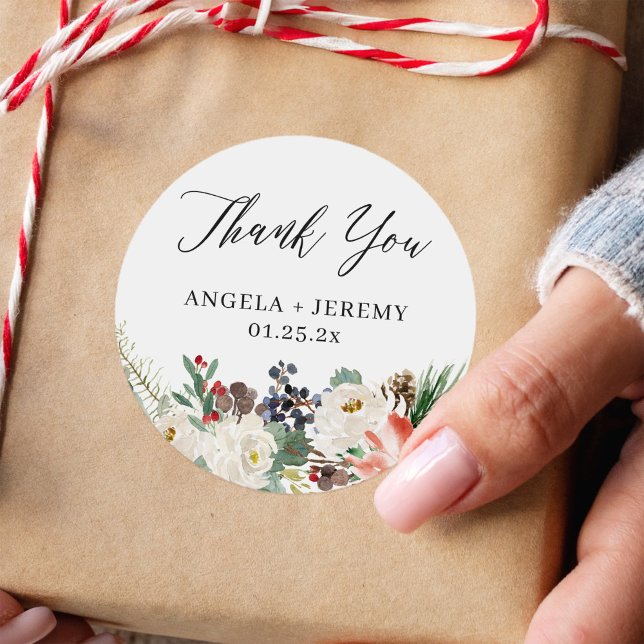 Rustic Chic Winter Floral Wedding Thank You Classic Round Sticker (Creator Uploaded)