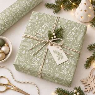 Rustic-Chic Winter Foliage Sage Green Ivory ID1335 Wrapping Paper