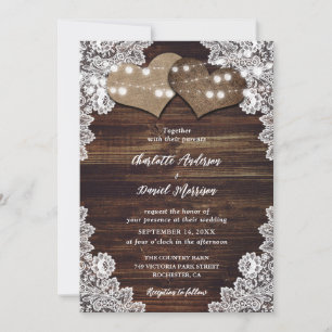 Rustic Chic Wood Burlap Lace String Lights Wedding Invitation
