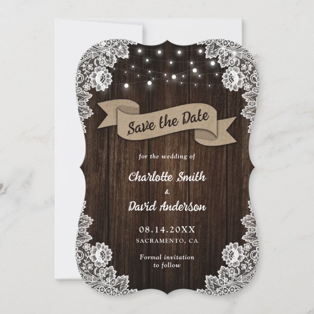 Rustic Chic Wood Burlap Lace Wedding Save The Date (Front)