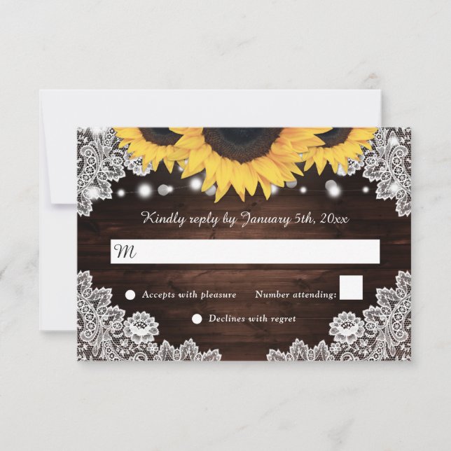 Rustic Chic Wood Lace Sunflower Wedding RSVP Card (Front)