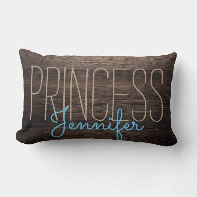 Rustic Chic WOOD PRINCESS YOUR NAME BEIGE IN BLUE Lumbar Cushion (Front)