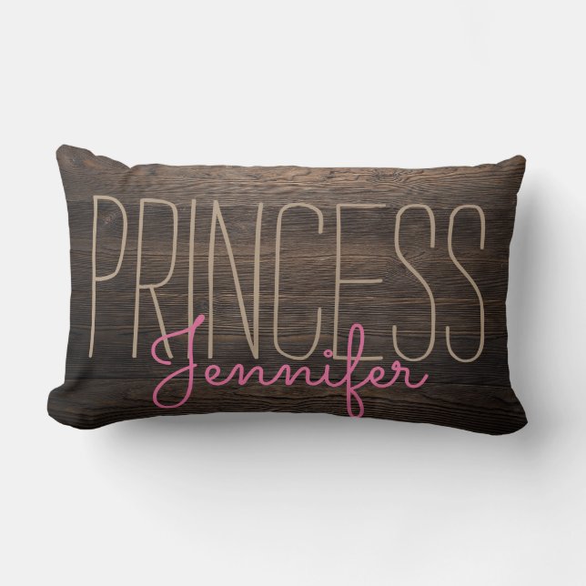 Rustic Chic WOOD PRINCESS YOUR NAME IN BEIGE  PINK Lumbar Cushion (Front)
