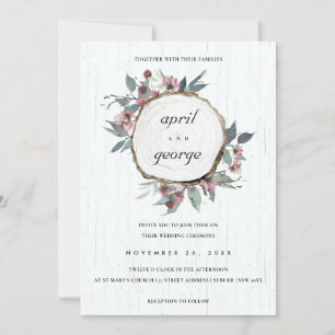 RUSTIC CHIC WOOD SLICE PINK FLORAL WEDDING INVITE