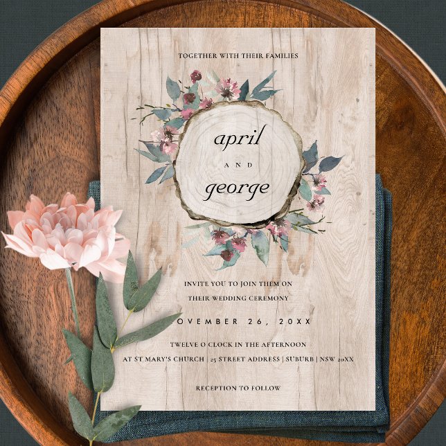 RUSTIC CHIC WOOD SLICE PINK FLORAL WEDDING INVITE (Creator Uploaded)