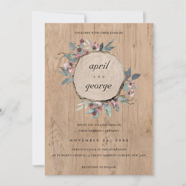 RUSTIC CHIC WOOD SLICE PINK FLORAL WEDDING INVITE (Front)