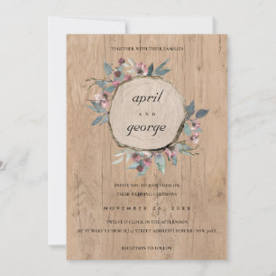 RUSTIC CHIC WOOD SLICE PINK FLORAL WEDDING INVITE