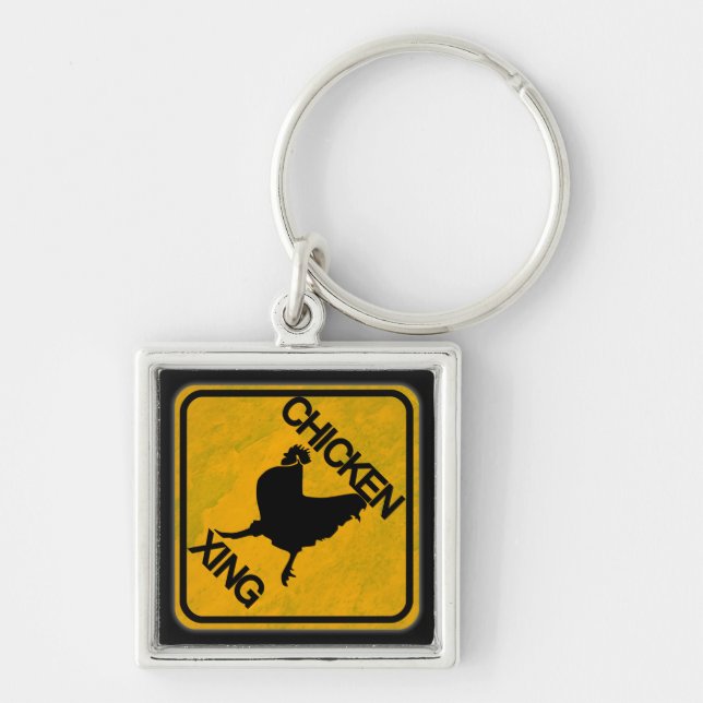 Rustic Chicken Crossing Sign Key Ring (Front)