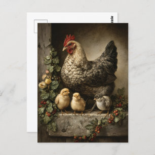Rustic Chicken Hen with Chicks Postcard