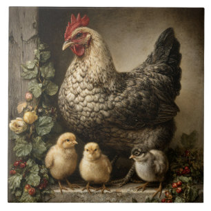 Rustic Chicken Hen with Chicks Tile